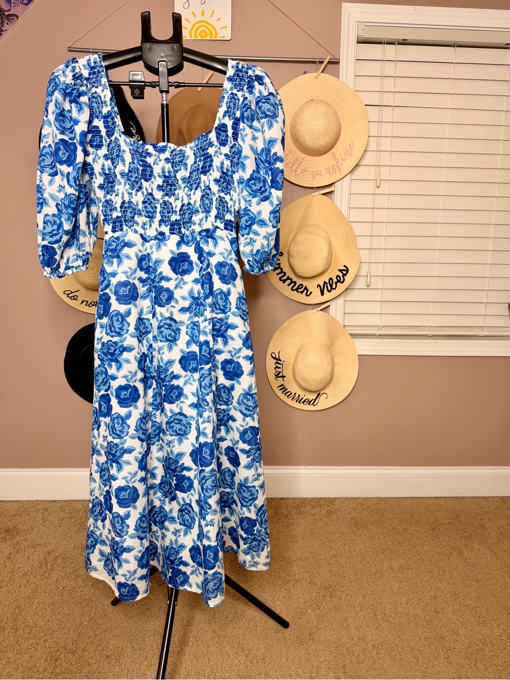 Blue & White Floral Smocked Midi Dress with Puff Sleeves